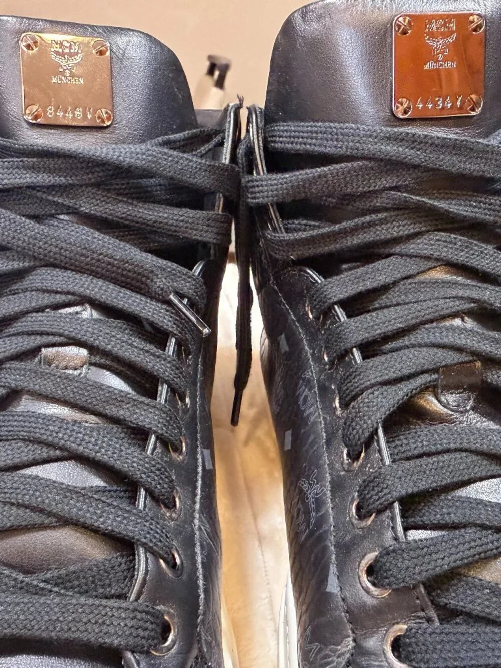 MCM Black Visetos High-Top Leather Sneakers - AUTHENTIC